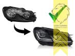LED, mit LED Blinker, dynamischer LED Blinker, schwarz, nur passend für Fahrzeuge mit original Halogen Scheinwerfern, LED Abblendlicht / LED Fernlicht, elektrisch verstellbar - Stellmotor integriert, Eintragungsfrei / mit E-Prüfzeichen, Eintragungsfrei / mit R87 Zulassung als Tagfahrlicht
